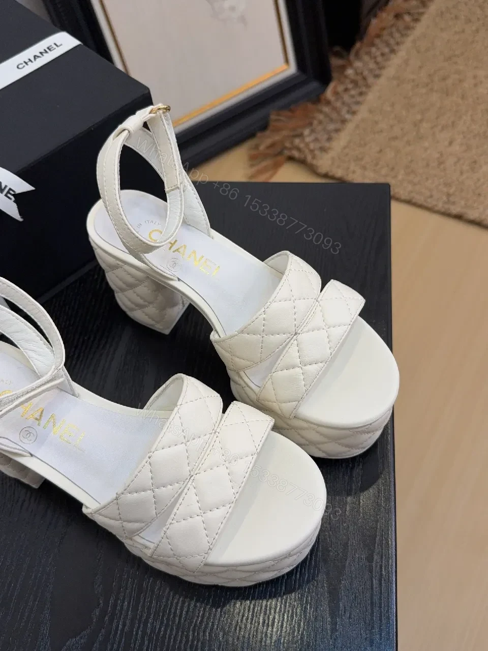 View 4 of Quilted Platform Sandals – Ivory, Gold Hardware, Comfortable Elevation