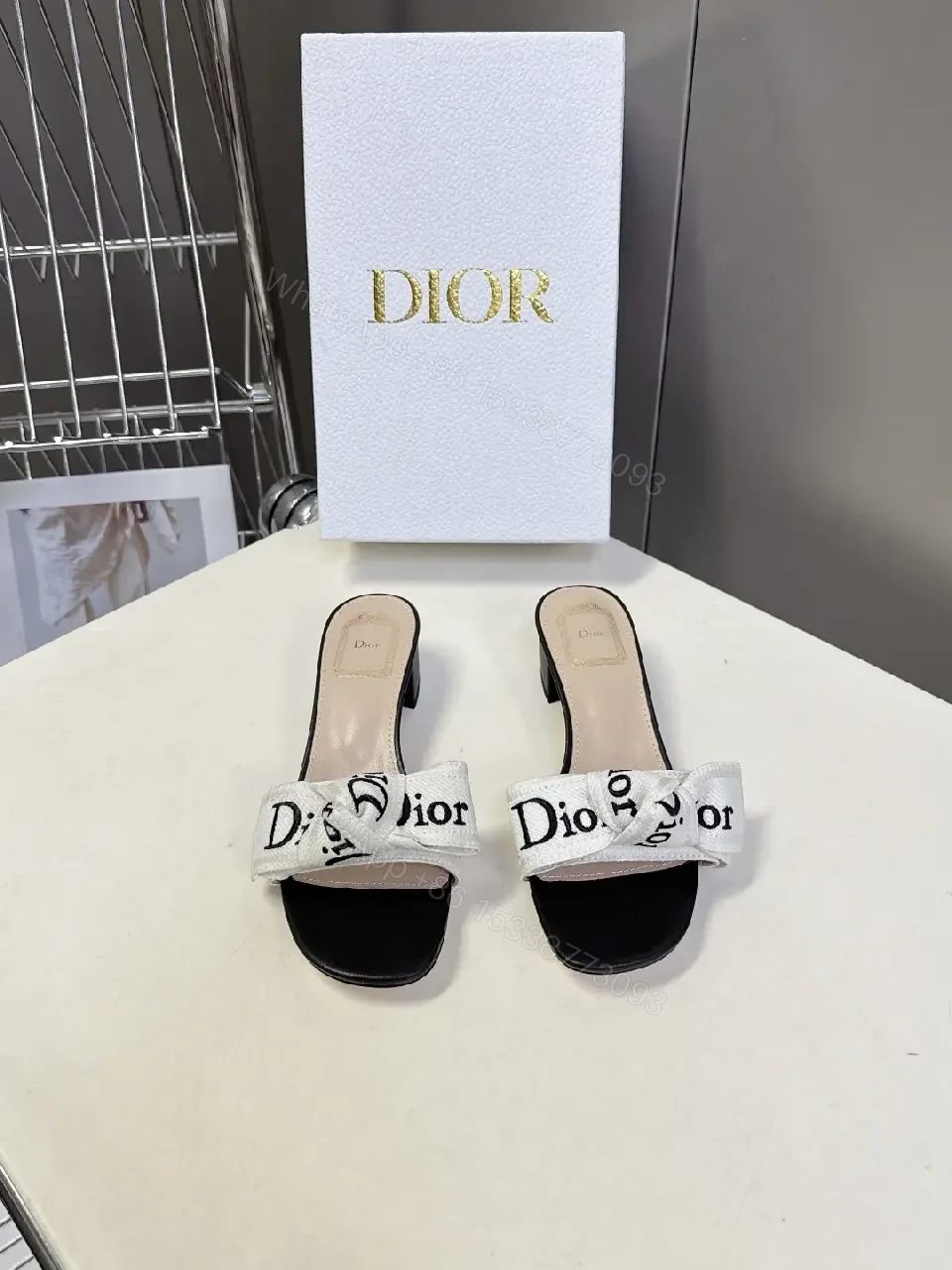 View 9 of White Metalized Bow Dior-Logo Canvas Sandals