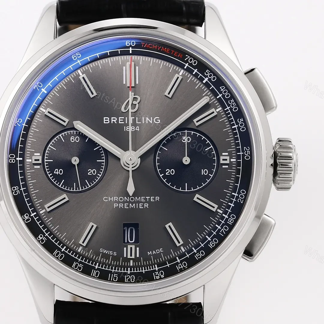 View 6 of GF Factory Breitling Premier B01 Chronograph Watch – Black Dial, Blue Bezel, Stainless Steel Case, Leather Strap
