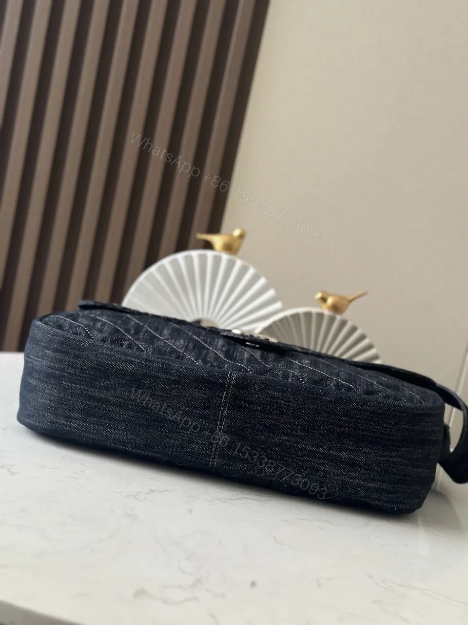 View 9 of Denim-Textured Quilted Bag with Chain-Detail Handle