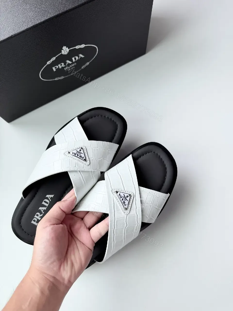 View 10 of White Crocodile-Texture Prada Slides Classic Casual Sandals