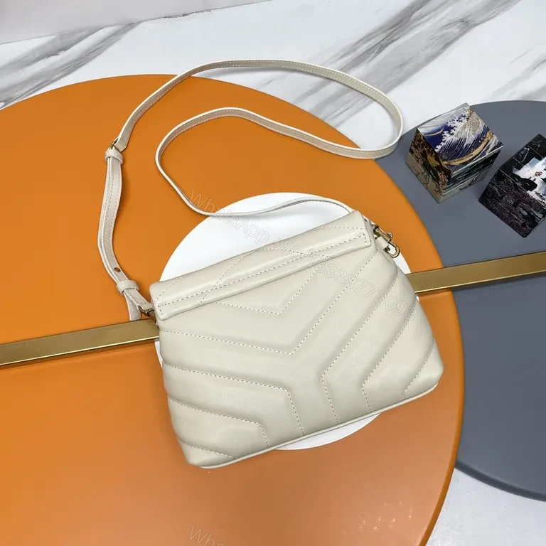 View 8 of Beige Quilted Lambskin Shoulder Bag with Gold YSL Hardware