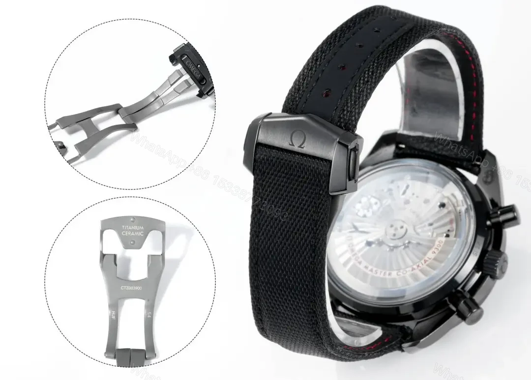 View 9 of Omega Dark Side of the Moon Series Full Ceramic Black Chronograph Watch with Black Leather Strap