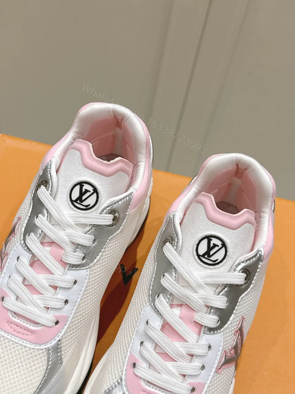 View 9 of White Pink Luxe Sneakers with LV-Style Detailing