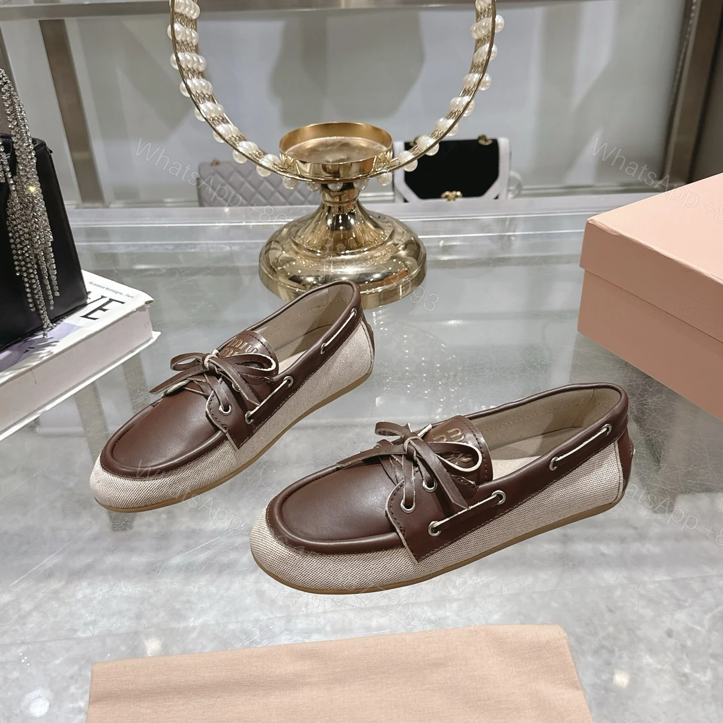 View 5 of MIUMIU CANVAS AND BLEACHED LEATHER BOAT SHOES BEIGE