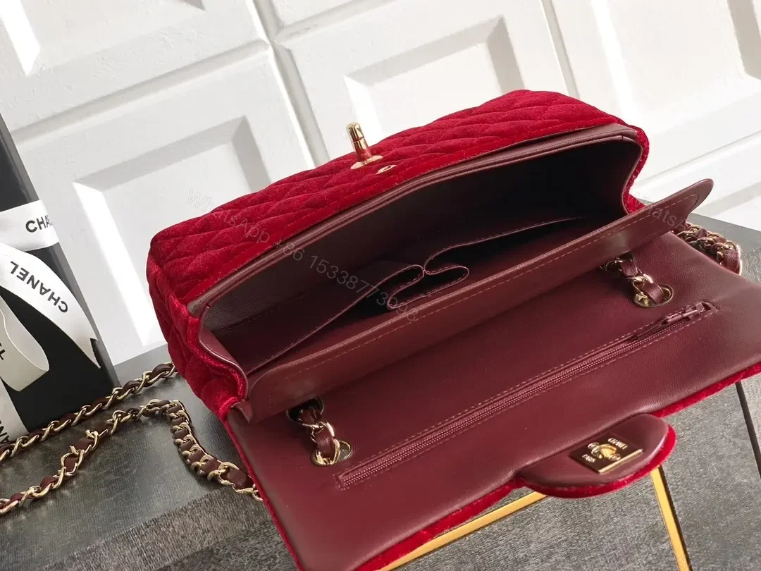 View 9 of Rich Velvet Red Flap Bag with Gold Chain Embellishment