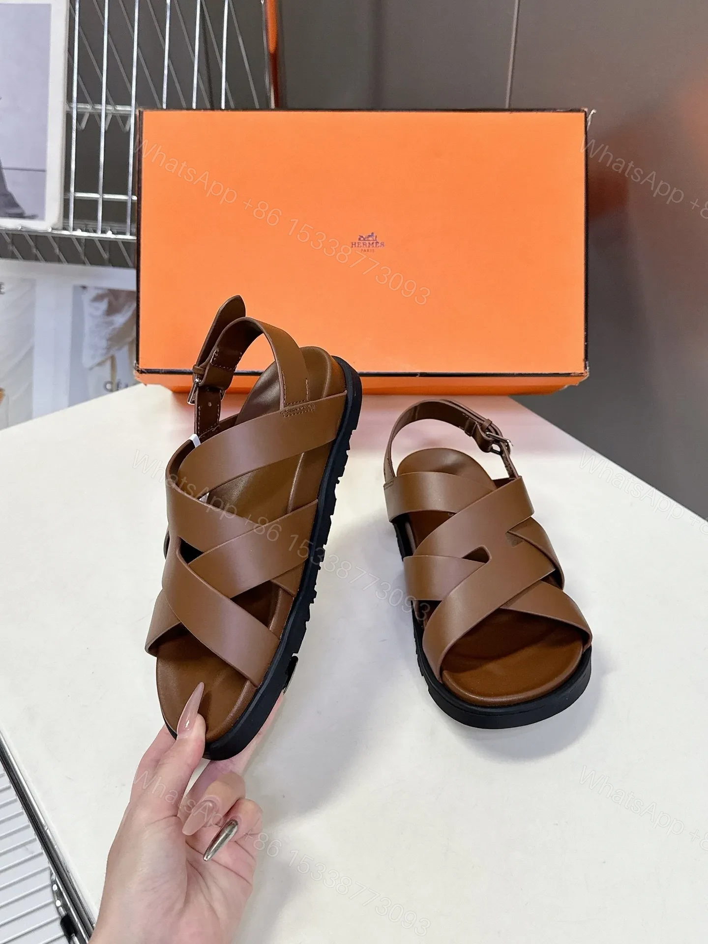 View 5 of Hermes Women Brown Leather Strappy Sandals