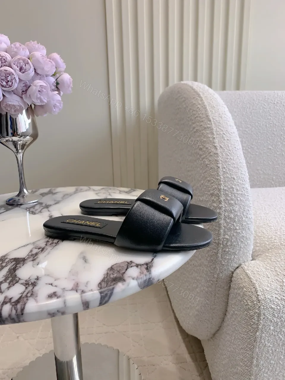 View 7 of Black Faux Leather Slide Sandals - Luxe Minimalist Comfort
