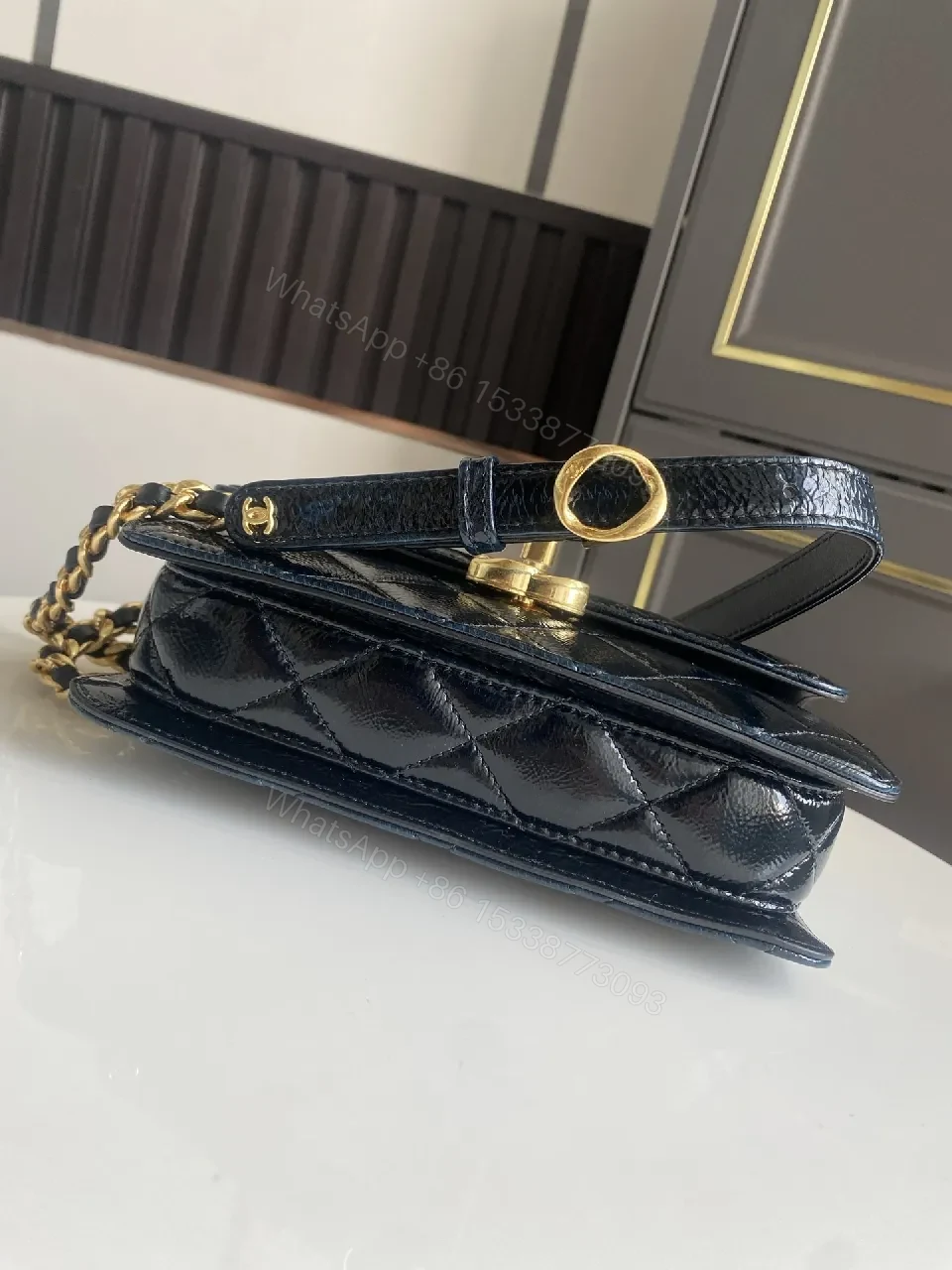 View 5 of Quilted Black Leather Bag with Gold Hardware, Classic Style