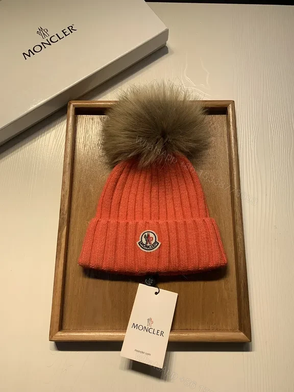 View 6 of Orange Knit Beanie with Fur Pom-Pom by Moncler - Luxe Wool Blend, Ribbed Style