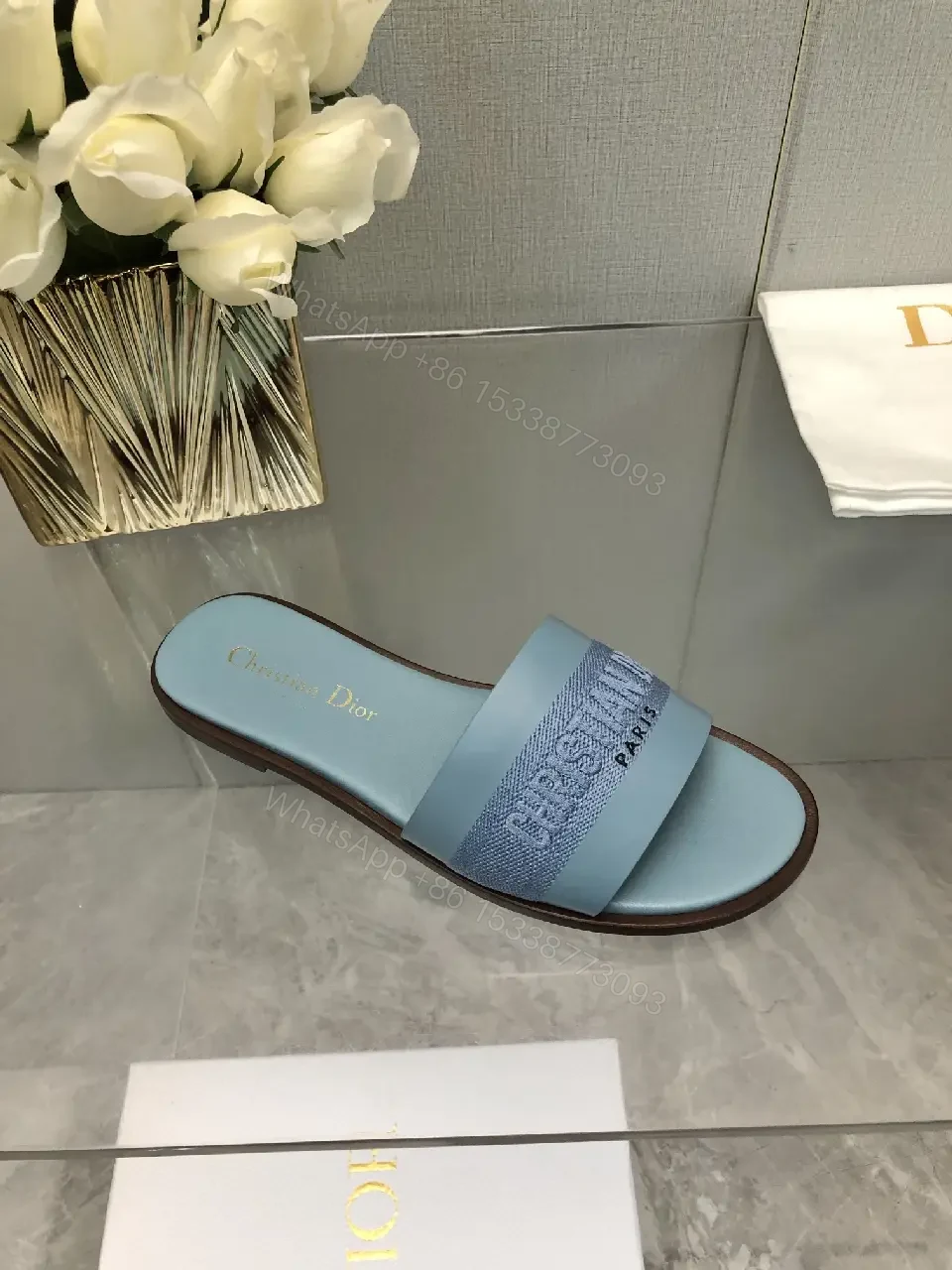 View 7 of Blue Denim Strap Slide Sandals Dior Paris Style Lightweight Comfort Sandal