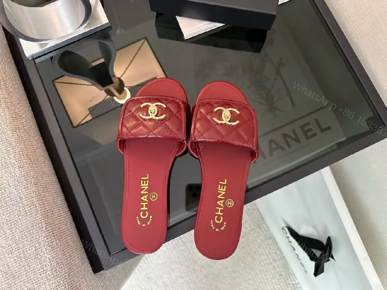 View 2 of Velvet Red Slides with Gold Hardware – Luxe Comfort