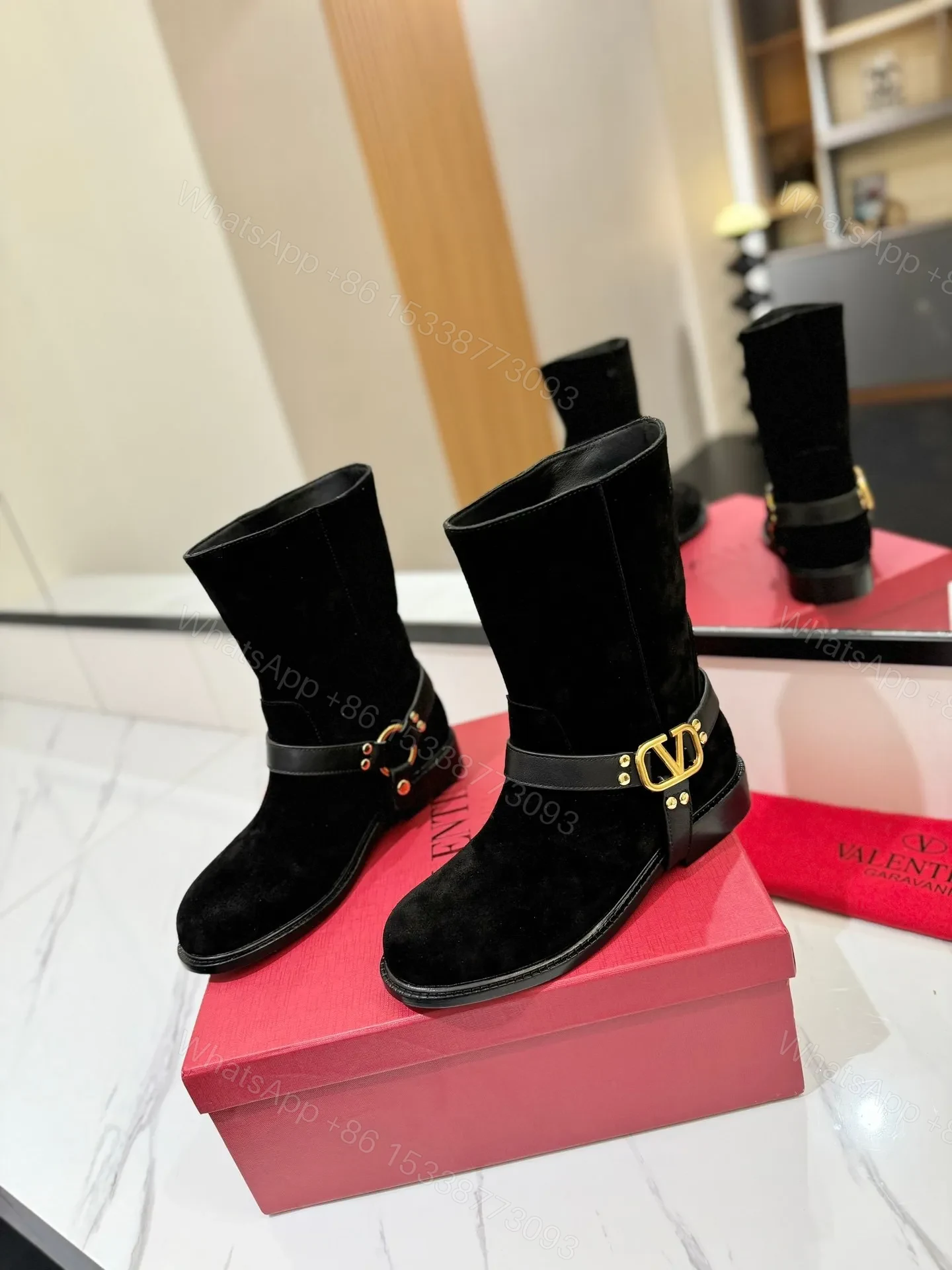 View 3 of Valentino Women Black Suede Leather Strap Boots