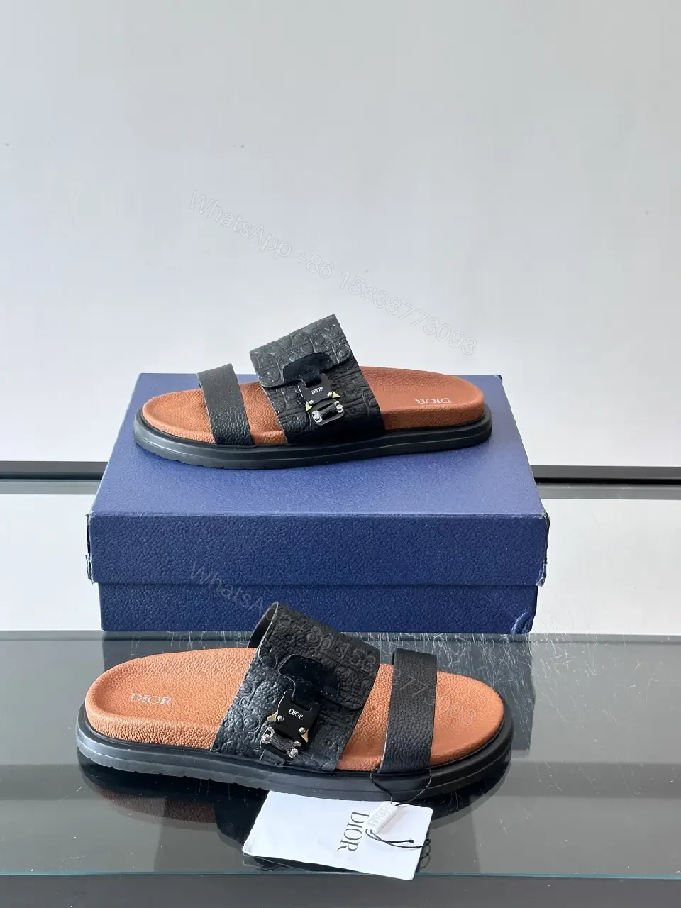 View 3 of Black Leather Dior Sandals Casual Comfort Slide
