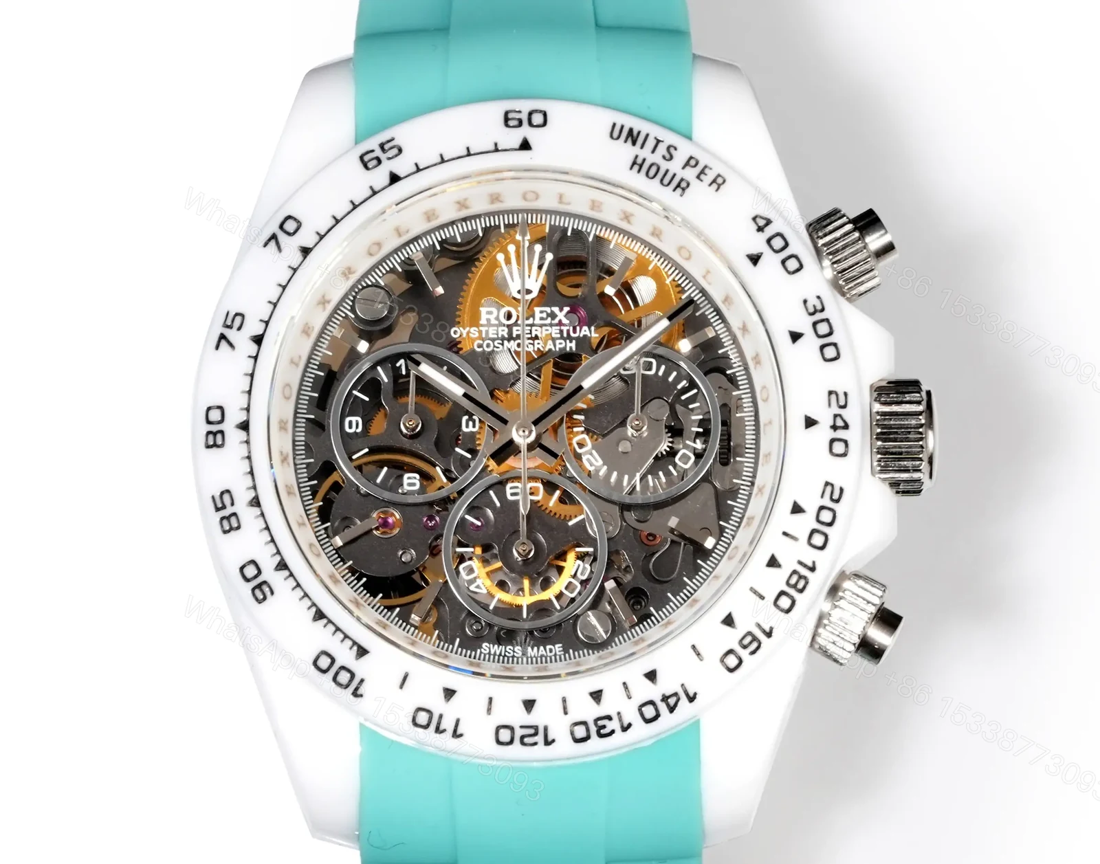 View 2 of Rolex Daytona Abu Dhabi Skeleton replica 40MM Turquoise Rubber Strap Edition RG-DAYTONA-ABU-DHABI-SKELETON-TURQUOISE-40