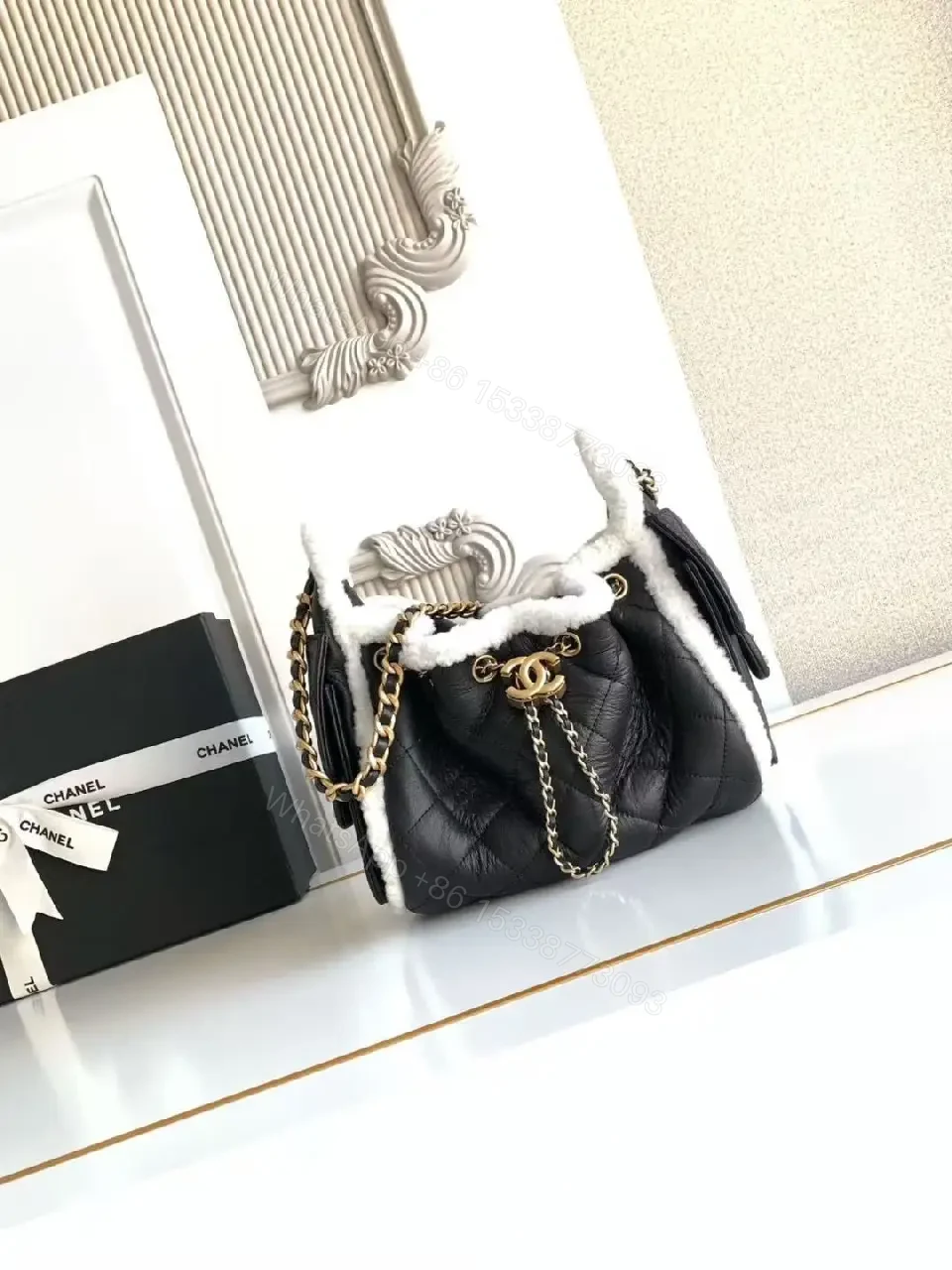 View 5 of Quilted Mini Bag with Faux Shearling Trim - Compact Luxury