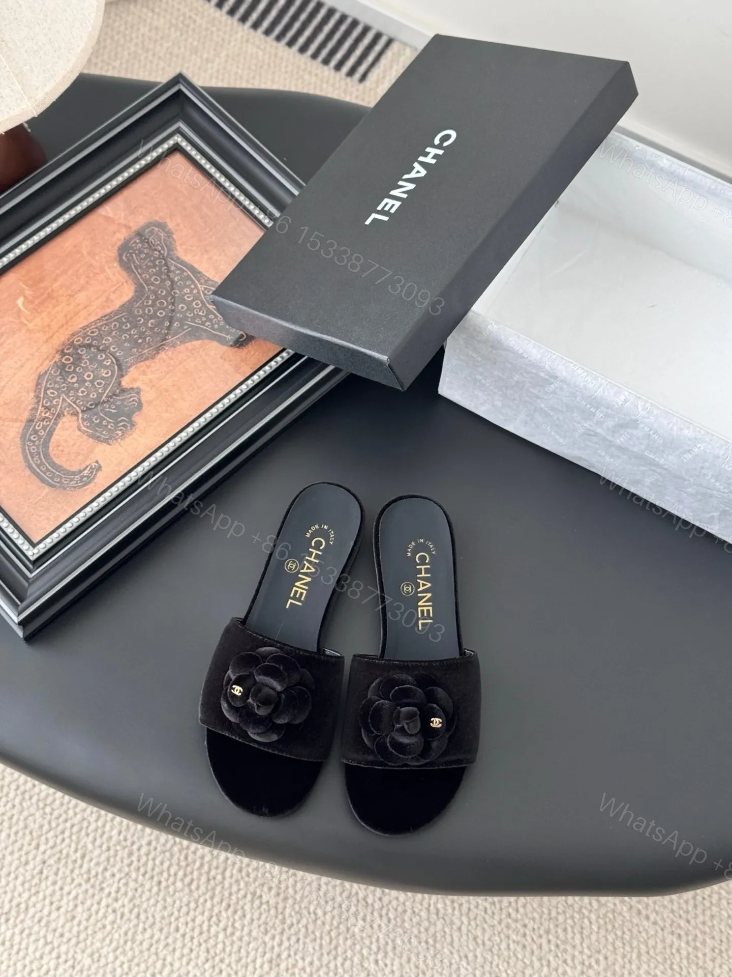 Chanel Women Black Velvet Flower Embellished Slides — view 1