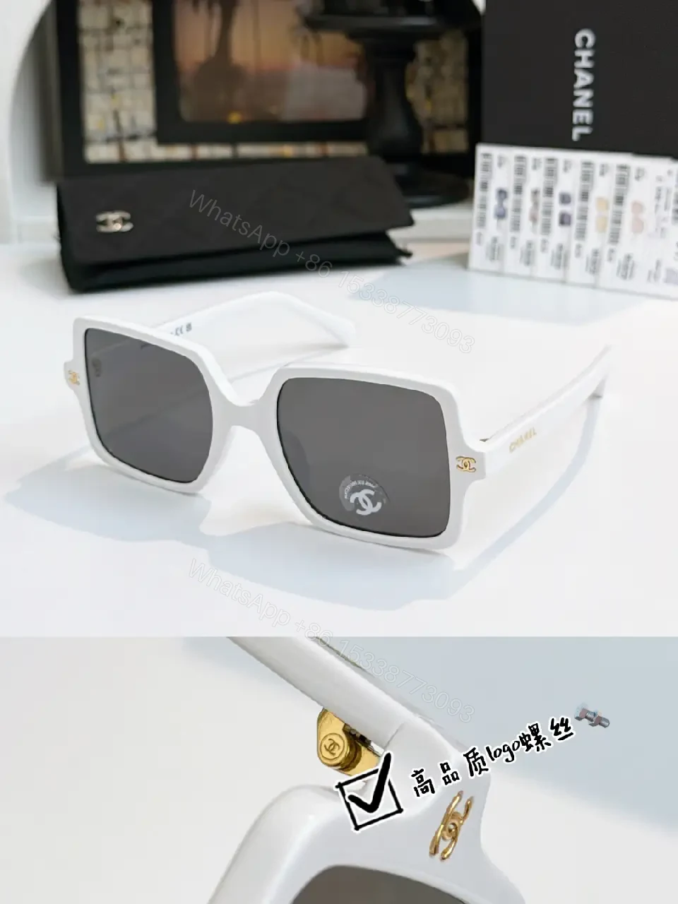View 8 of Black Frame Oversized Sunglasses with Gold Chanel Logos, Matte Gray Lenses
