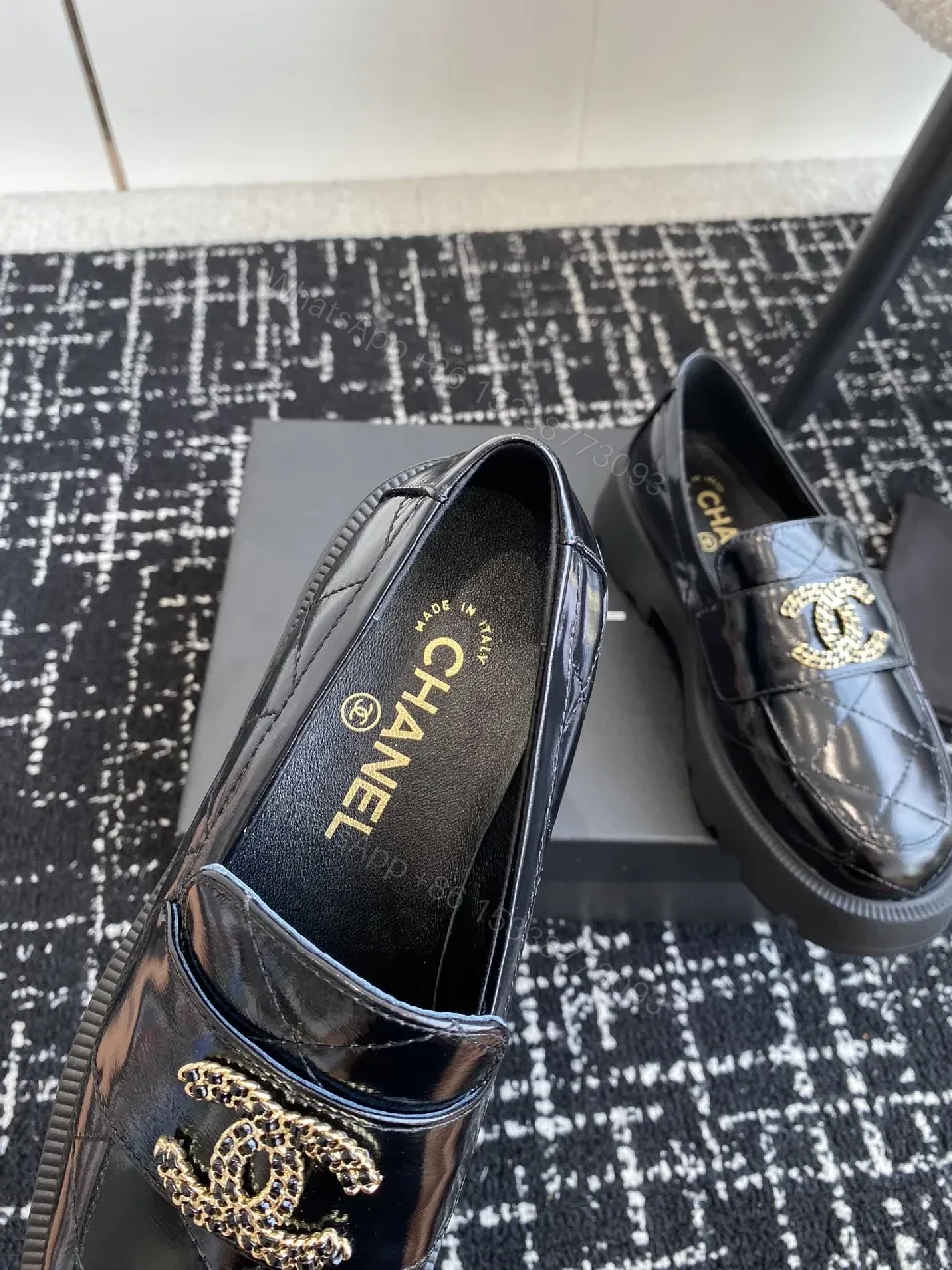 View 7 of Quilted Velvet Loafers: Gold Logo, Black Patent, Luxe Style