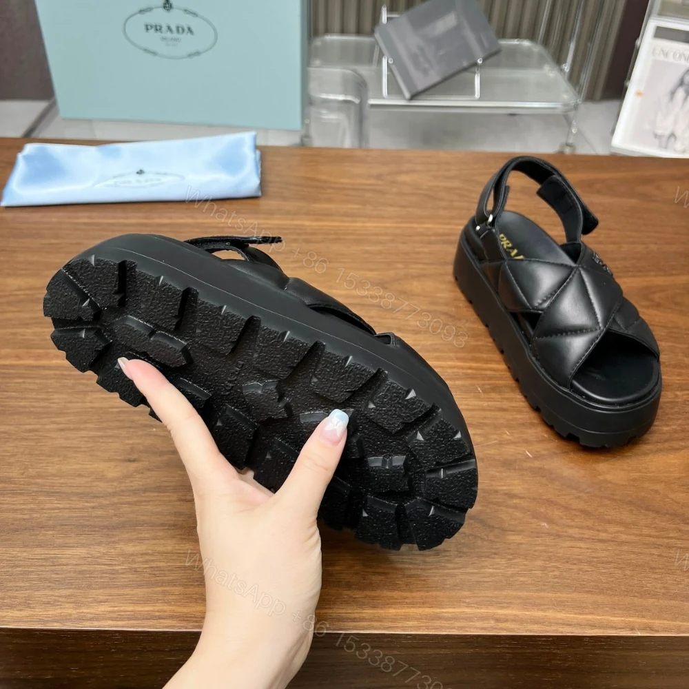 View 5 of PRADA NAPPA LEATHER CRISSCROSS FLATFORM SANDALS BLACK 1XZ777 038 F0002 F 045