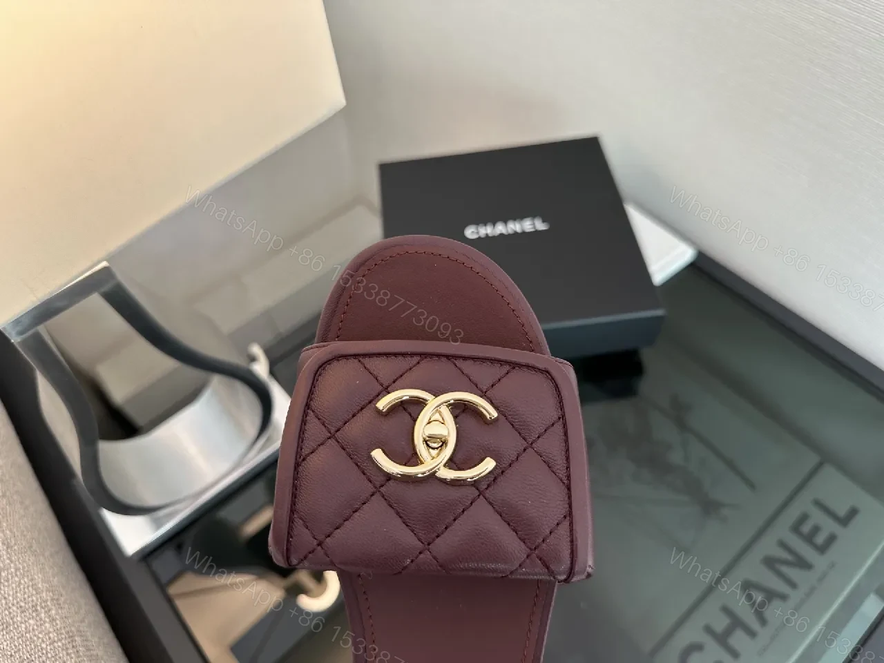 View 7 of Rich Burgundy Quilted Slip-Ons with Gold Emblem