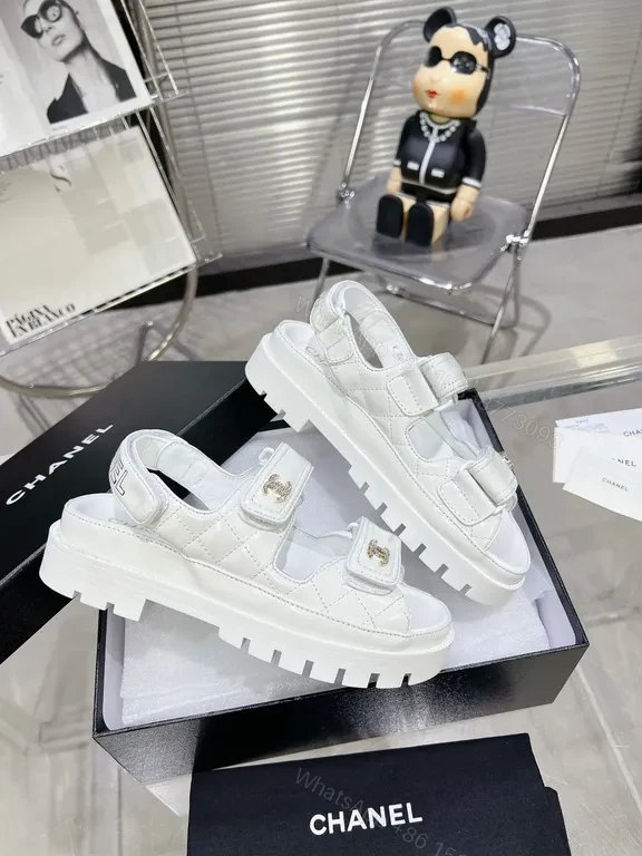 View 4 of White Leather Velcro Sandals with Chanel-Inspired Hardware