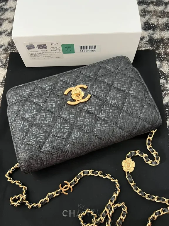 View 8 of Chic Quilted Wallet on Chain: Black Leather, Luxe Gold, CC Logo