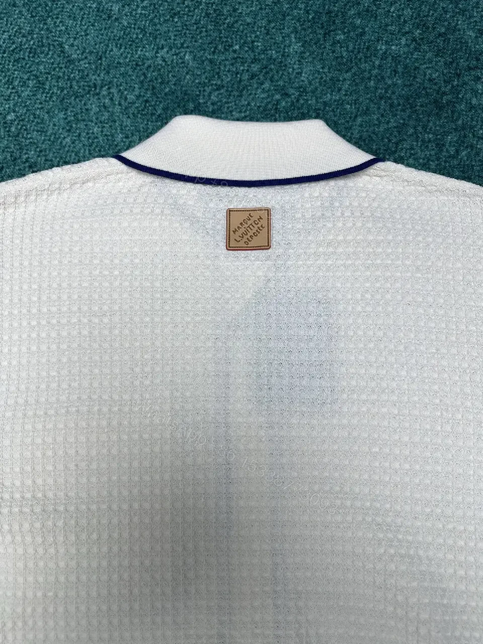 View 10 of Off-White Shirt Textured Weave Navy Piping Pocket Logo Button-Up