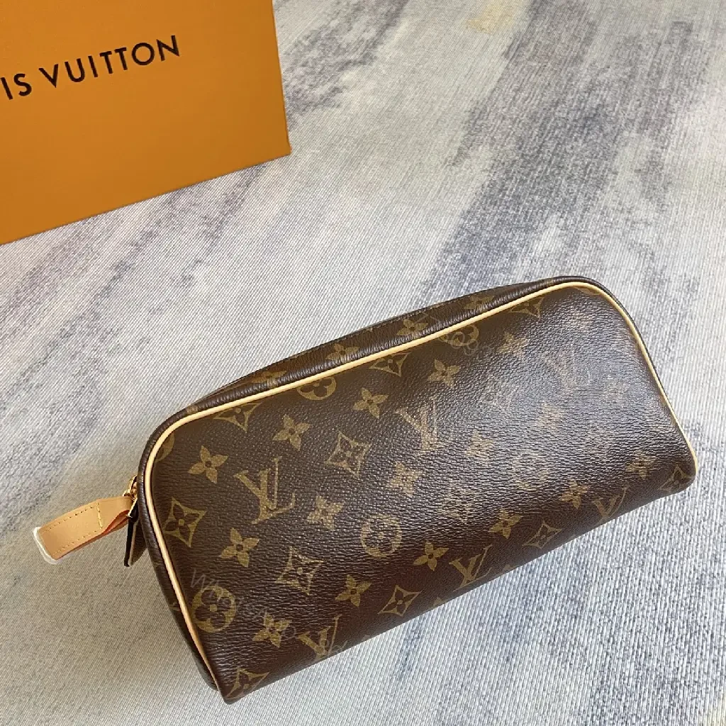View 11 of Brown Leather-Toned LV Monogram Cosmetic Pouch with Gold Zipper