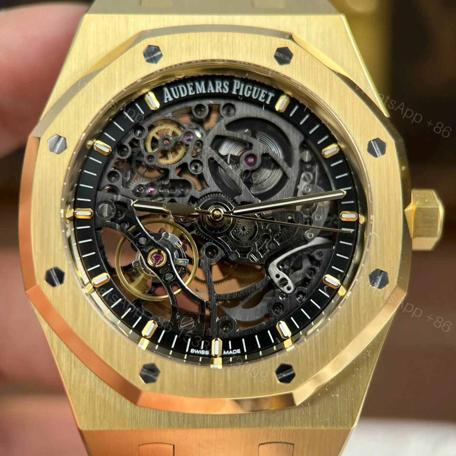 View 3 of Replica Audemars Piguet Royal Oak Openworked 15407 Yellow Skeleton Dial