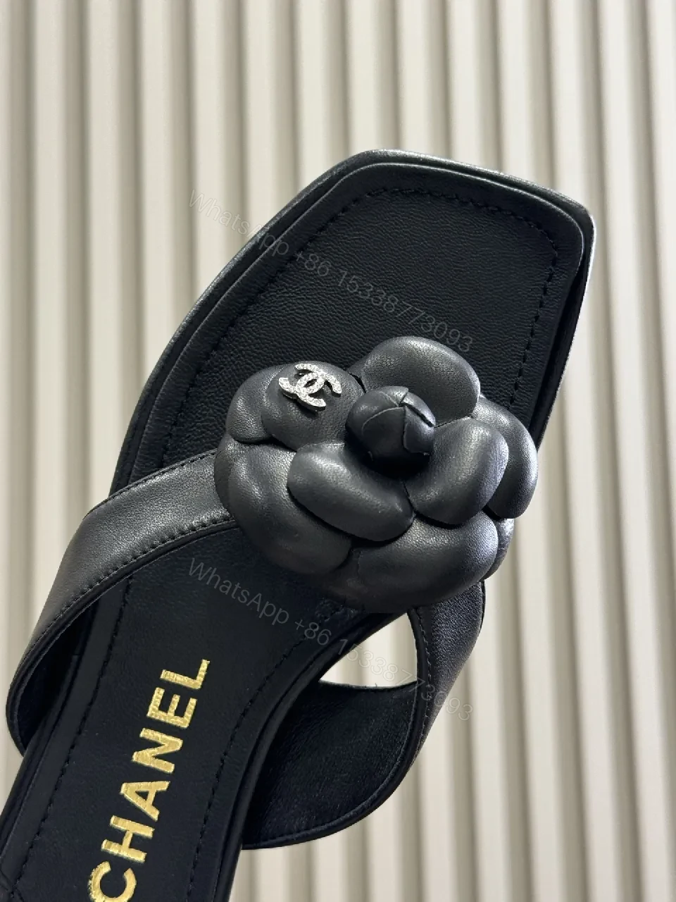 View 3 of Black Flower-Detail Sandals, Matte Leather, Square-Toe, Cushioned Footbed, Slide Product
