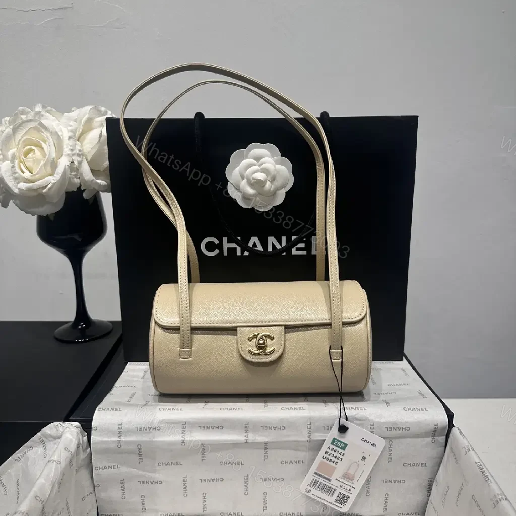 View 2 of Beige Leather Pebbled Small Top-Handle Bag with Gold Chanel Clasp