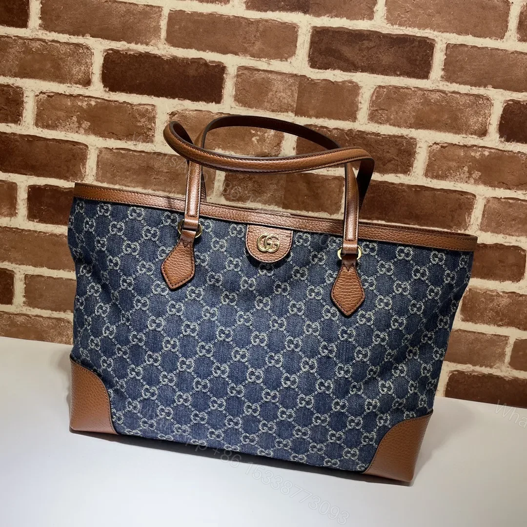 Gucci Medium Tote GG Denim Bag Brown Navy blue Leather — view 1