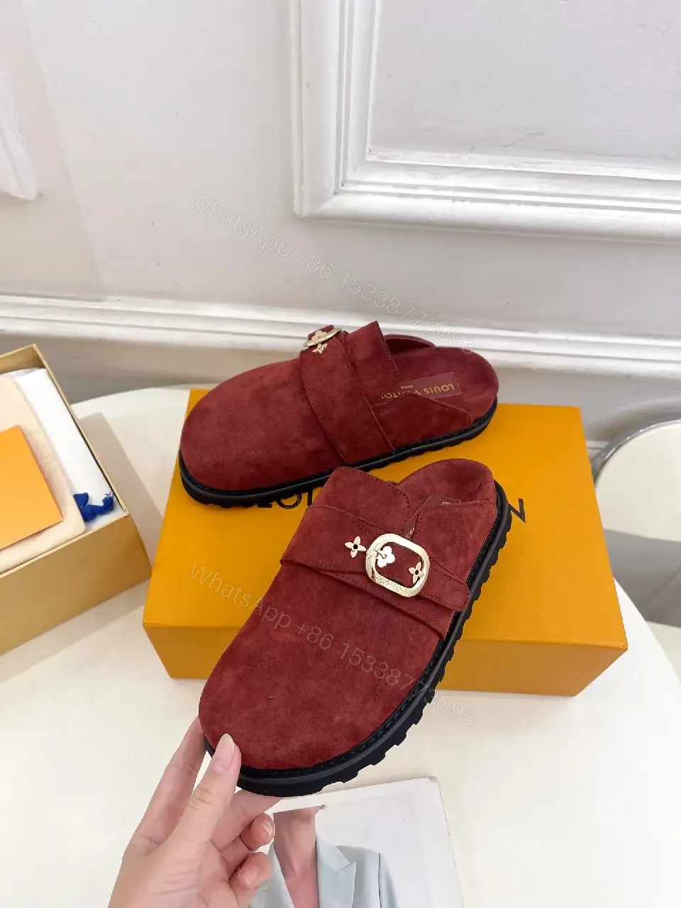 Burgundy Suede Slipper Mule with Gold Buckle — view 1