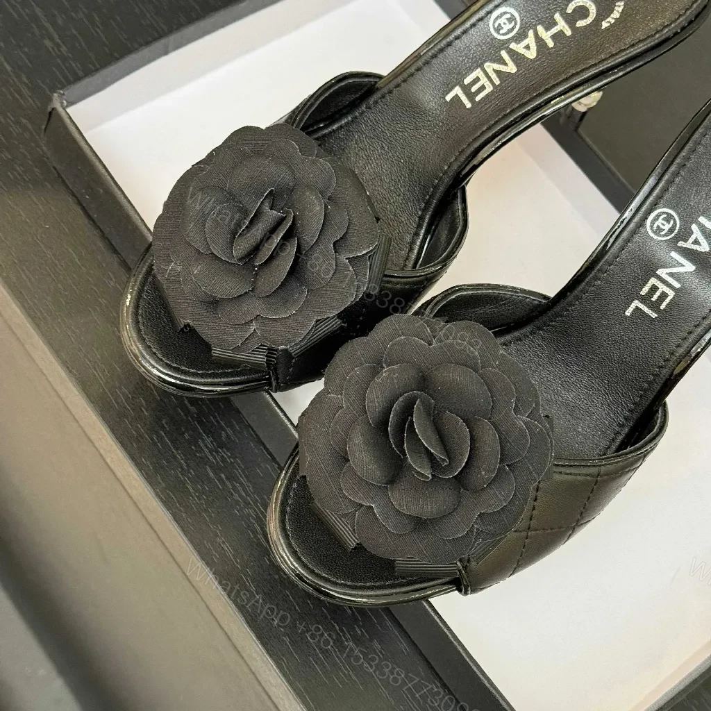 View 4 of Floral-Accent Black Leather Mules—Couture-Inspired Comfort