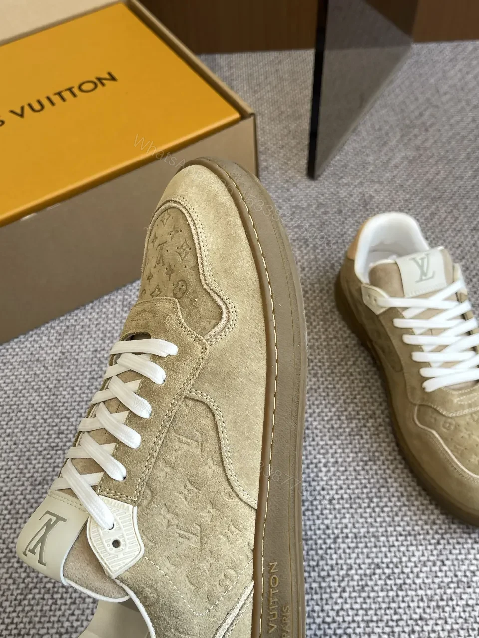 View 6 of Beige Suede Low-Top Sneakers with Luxe Accents