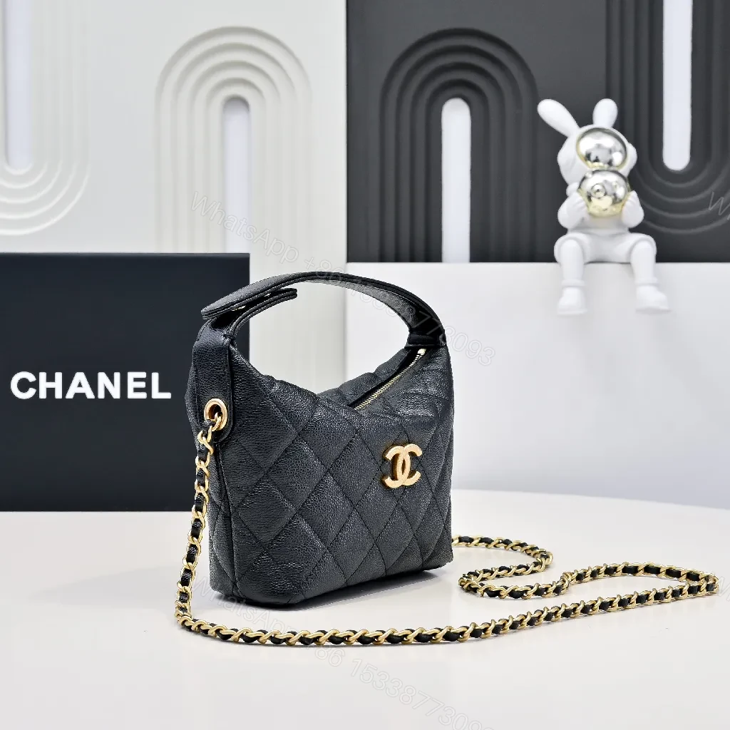 View 8 of Compact Black Quilted Mini Bag with Gold Hardware, Crossbody Style