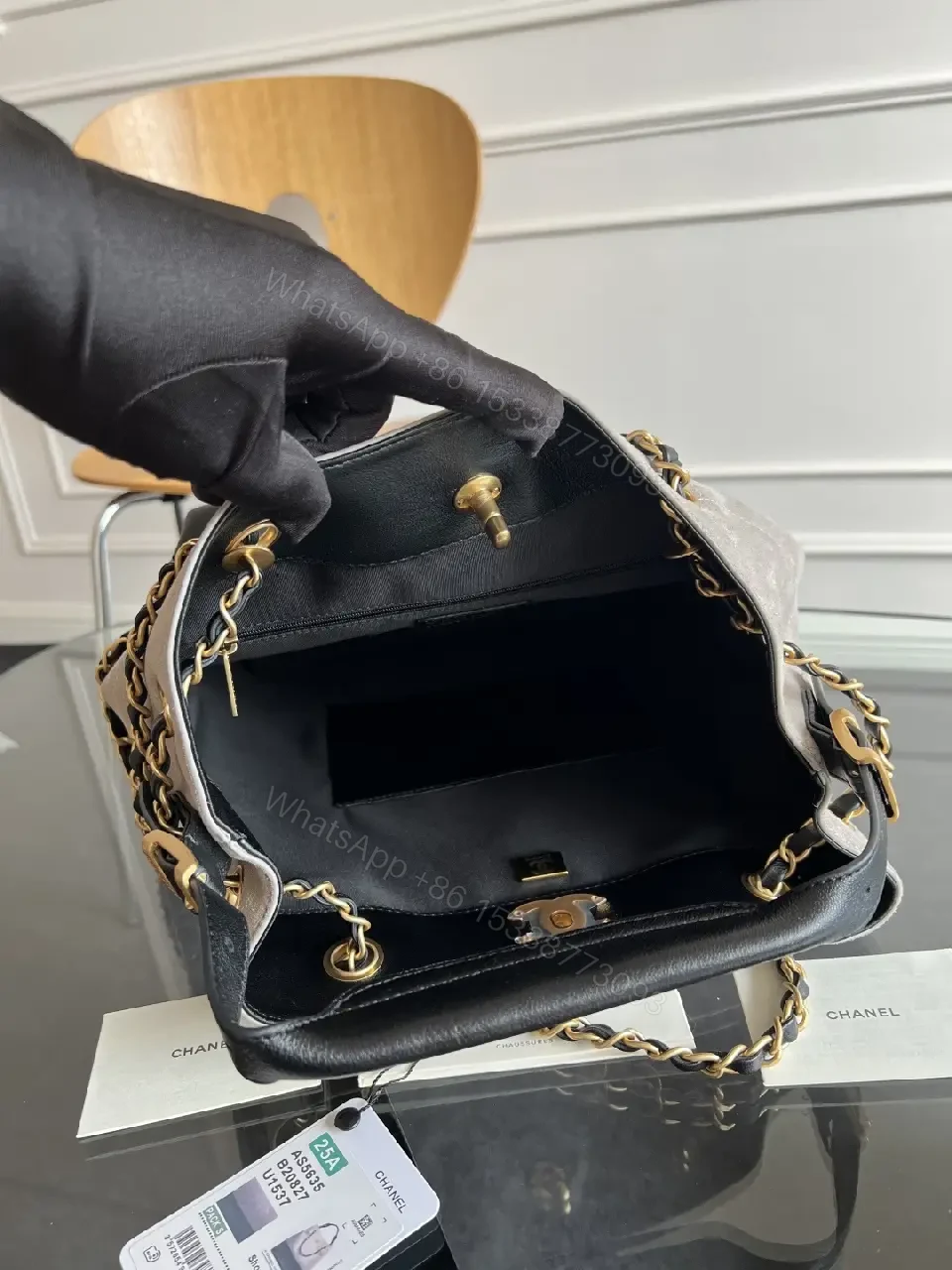 View 15 of Taupe Suede-Like & Black Quilted Tote with Chain Detail