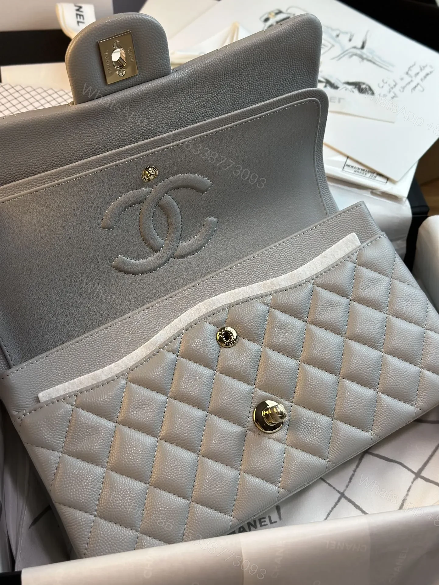 View 9 of CHANEL FLAP BAG 25CM GOLD HARDWARE GREY CAVIAR