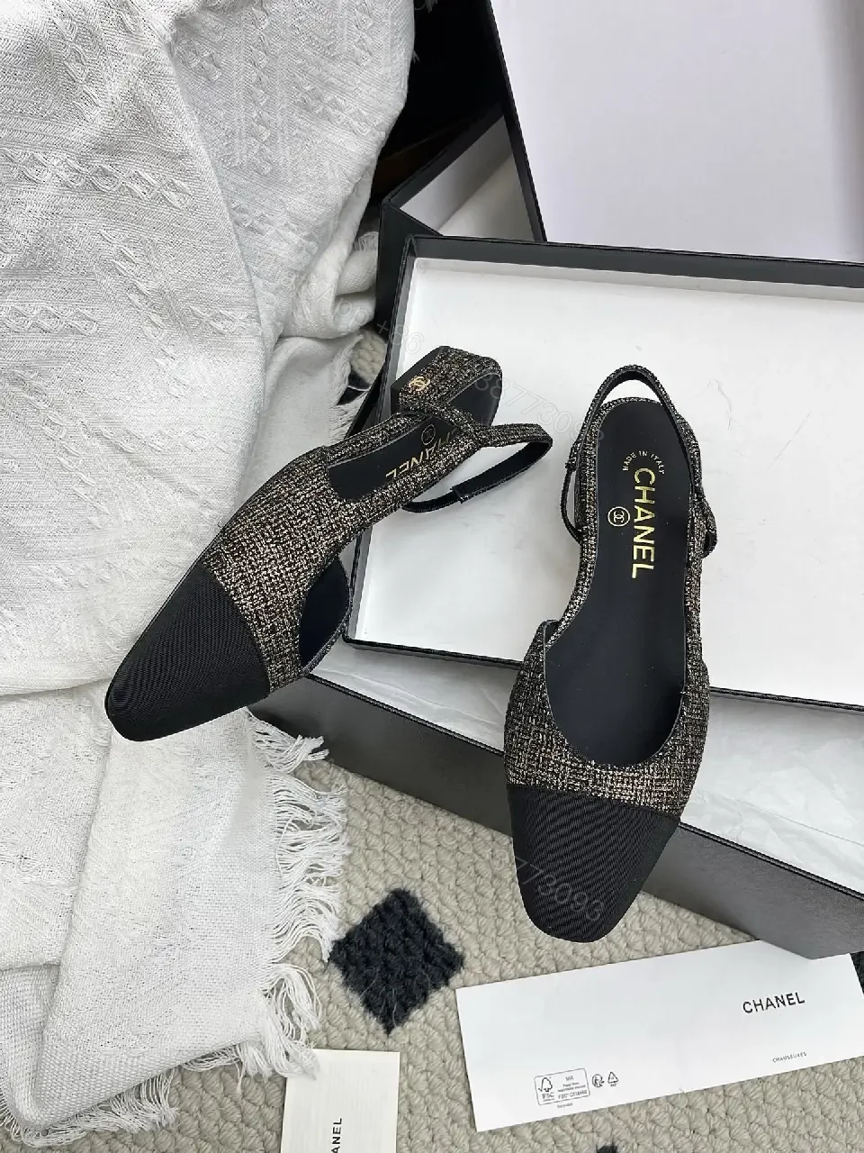 View 9 of Tweed-Textured Flats with Black Cap Toe - Ballet Style, Bowed Details