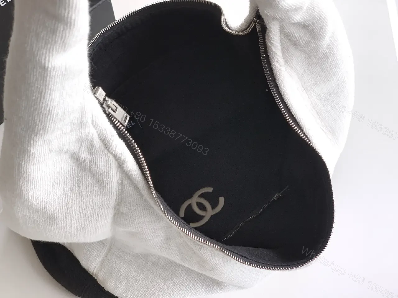 View 10 of Two-Tone Knit Slouchy Hobo Bag with Chanel-Inspired Logo