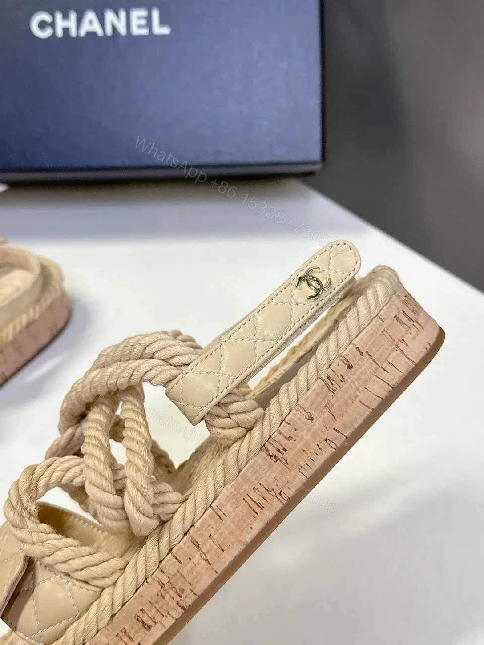 View 7 of Quilted Footbed Sandals with Knit Straps, Neutral Tone