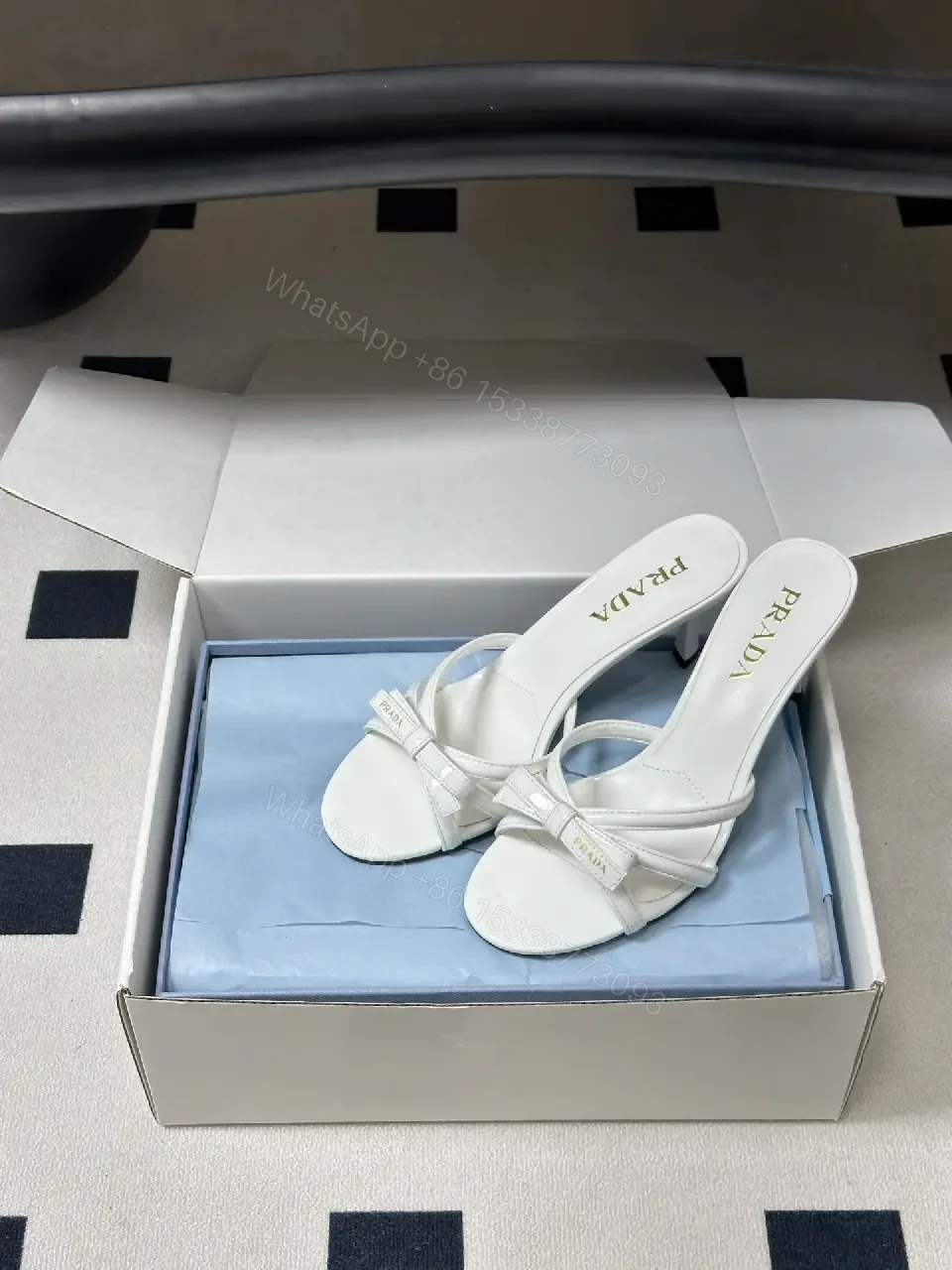 View 7 of White Leather Sandals Shoes with Knot Straps - Prada Style Heels