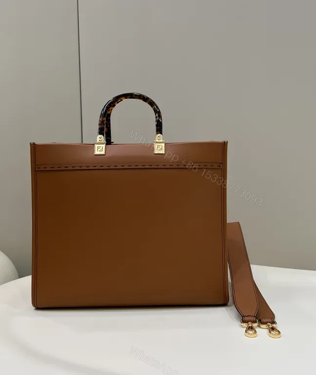 View 4 of Structured Cognac Leather Tote: Bold FENDI ROMA Logo, Premium Structure