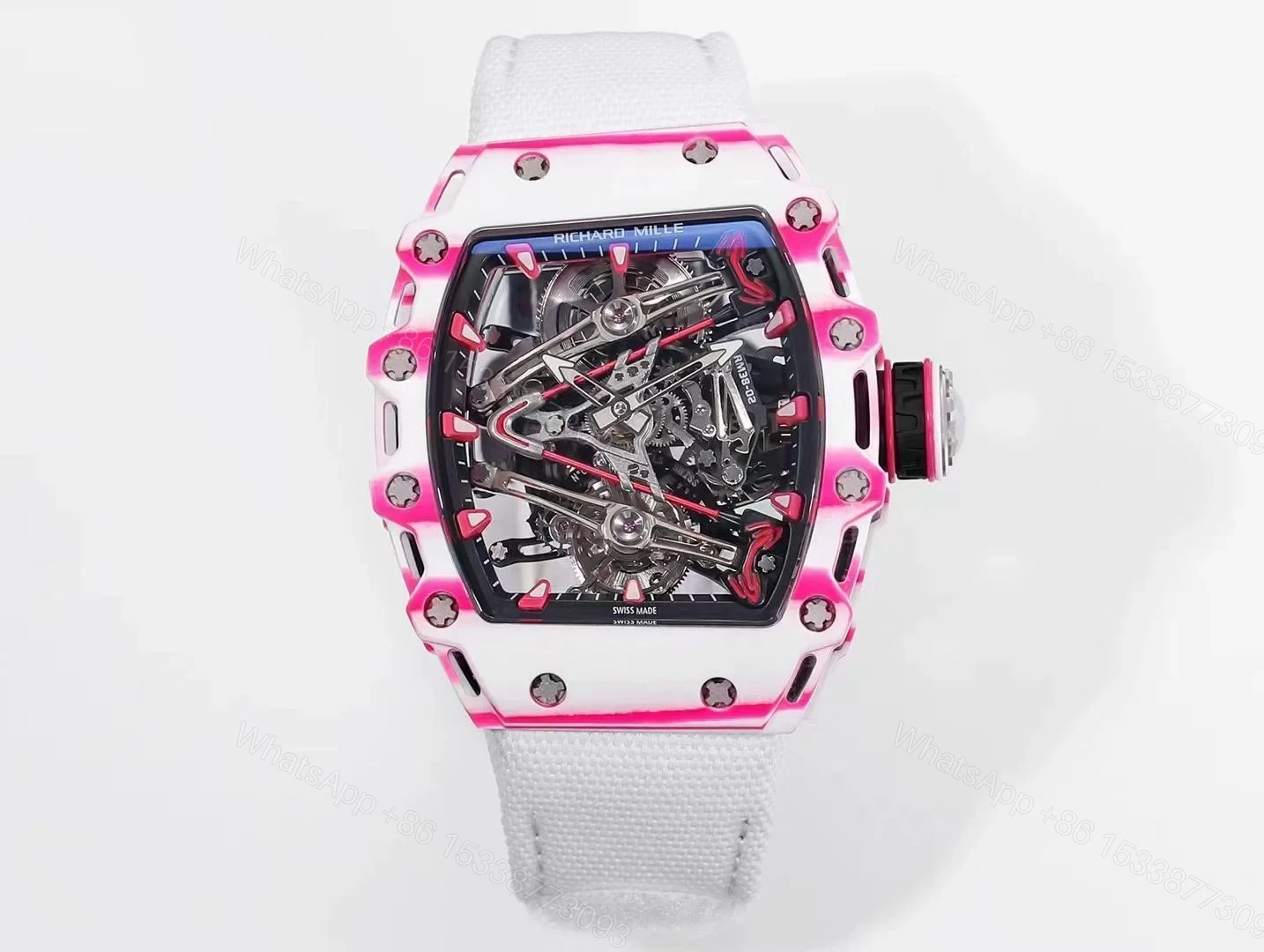 Richard Mille RM38-02 Tourbillon Bubba Watson Watch White Strap Pink Quartz Carbon Fiber Skeleton Dial Golf Inspired Manual Winding Movement RM38-02-BW-WSP-PINK — view 1