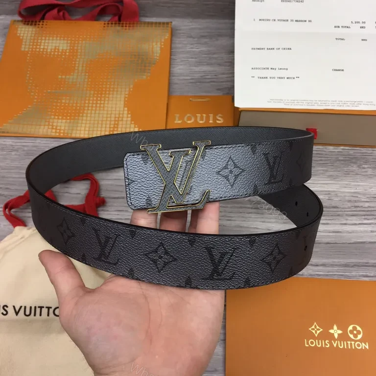 View 3 of Gray Leather Belt with Gold LV-Inspired Buckle