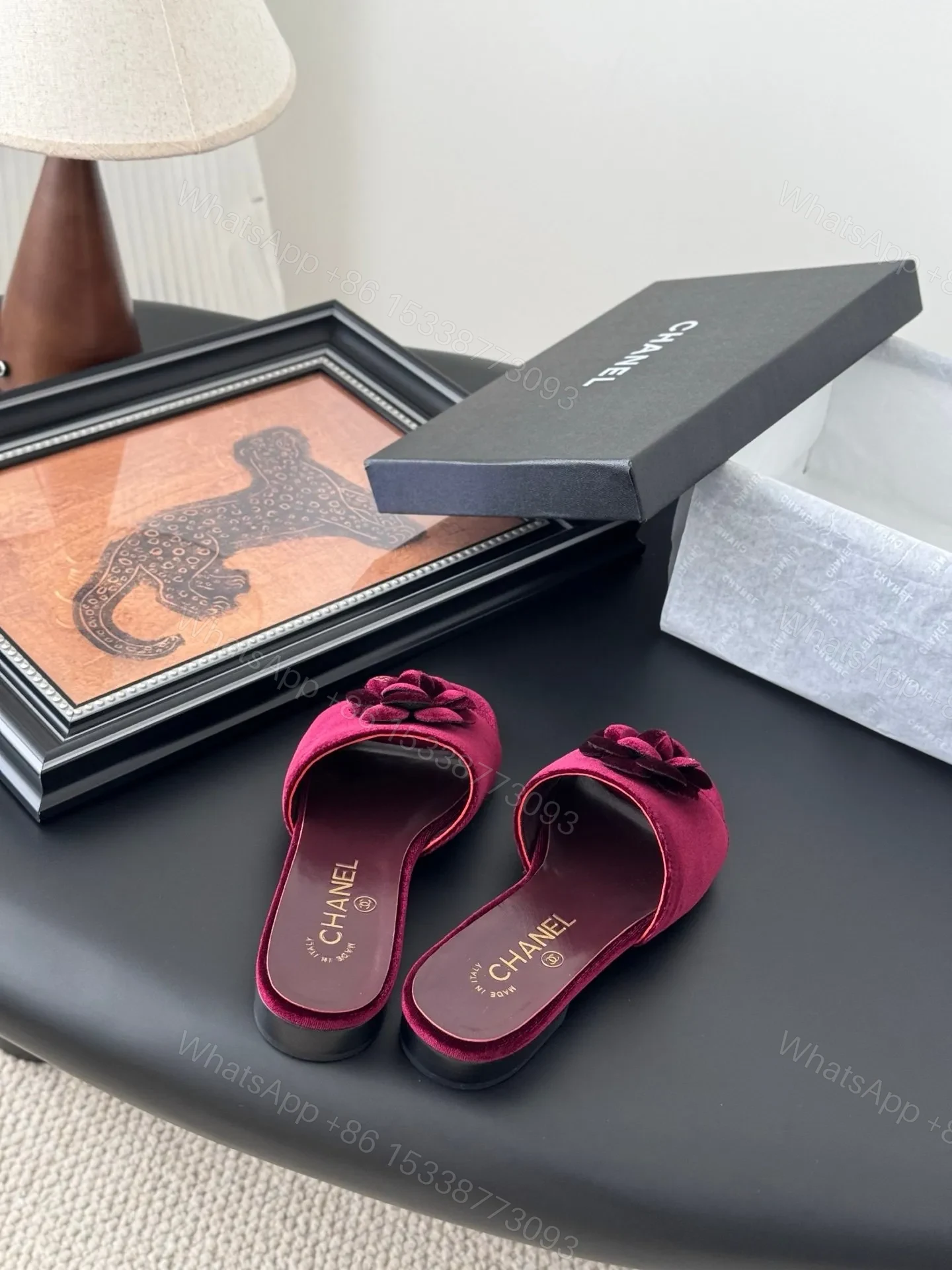 View 5 of Chanel Women Burgundy Velvet Slides
