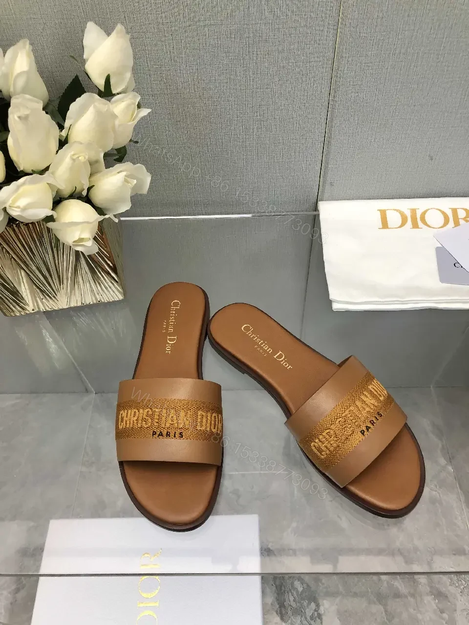 View 8 of Brown Leather Christian Dior Slides, Bold Logo Strap, Paris, Slide Sandals