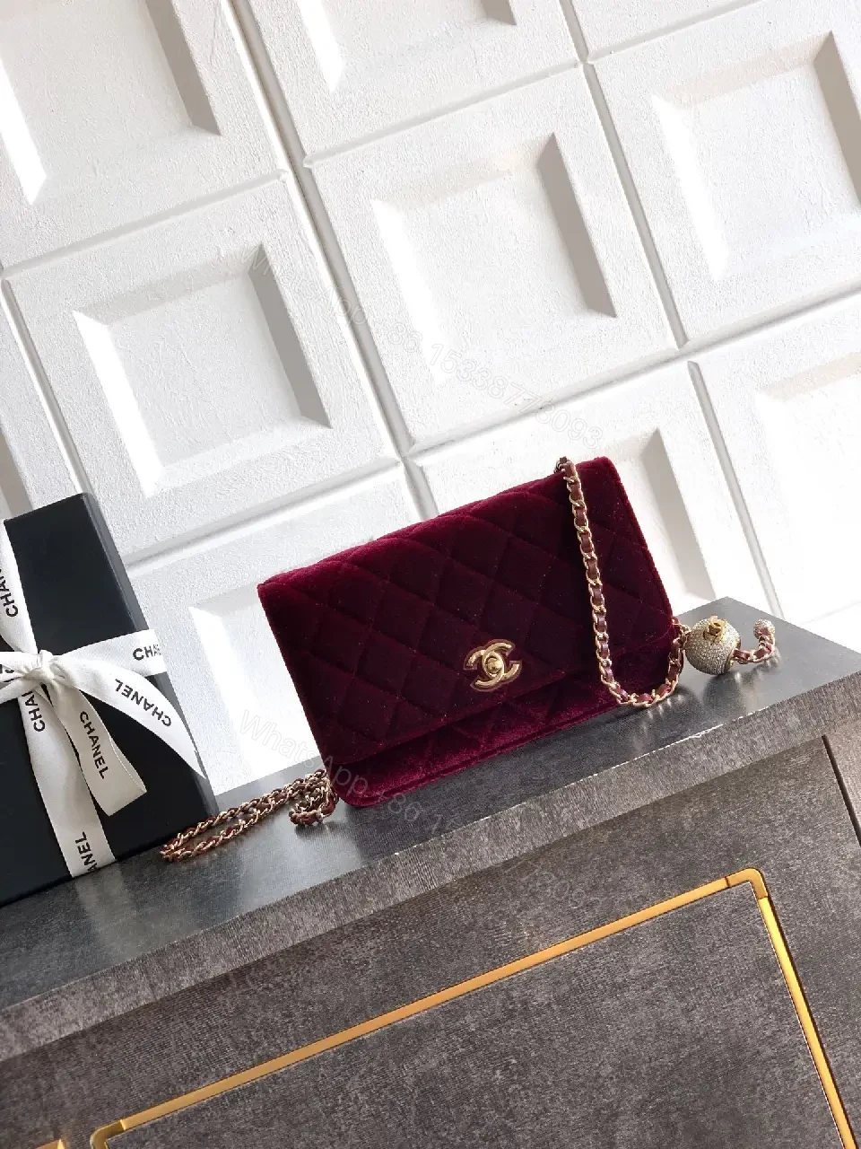Velvet Crossbody Bag: Burgundy, Gold Hardware, Quilted Chic — view 1