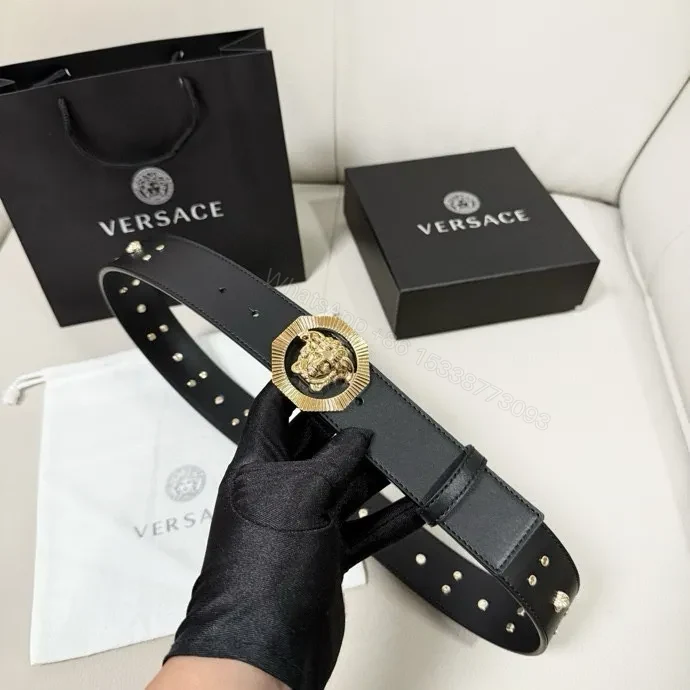 View 7 of Gold Lion Buckle Belt - Black Leather, Studded, Designer-Inspired Style